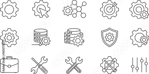 Set of 16 black outline gear icons, technology symbols, settings, tools, database, protection, engineering, configuration, adjustment, system process