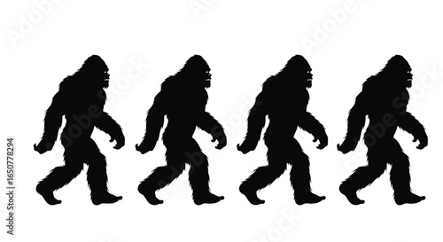 Vector art of silhouetted bigfoot figures walking in a row isolated on white background