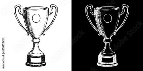 Silver trophy, isolated vector image, two design options on transparent and black backgrounds, pencil drawing, chalk drawing