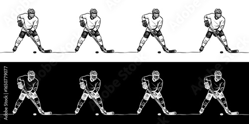 Hockey player preparing to shoot puck, isolated vector image, two design options on transparent and black backgrounds, pencil drawing, chalk drawing, seamless border