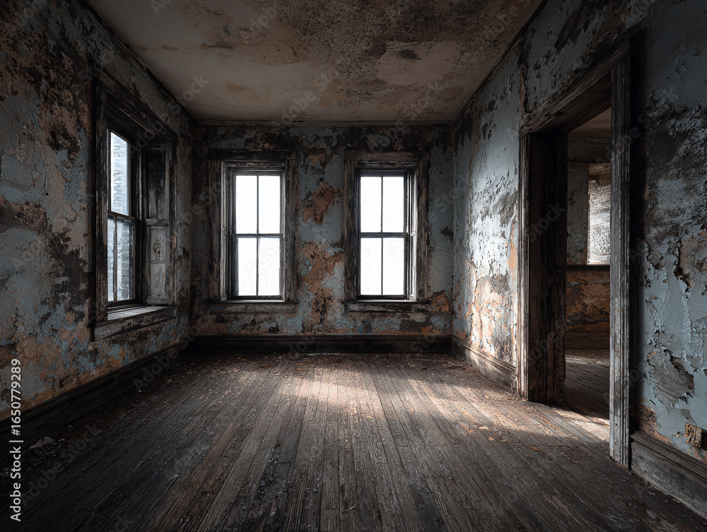 Abandoned building interior with peeling paint and wooden floor in decay and derelict condition Abandoned building interior with peeling paint and wooden floor in decay and derelict condition