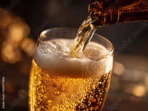 Wallpaper Mural Pouring beer into glass bottle beverage alcohol drink refreshment golden lager bubbles foam thirst quenching Torontodigital.ca