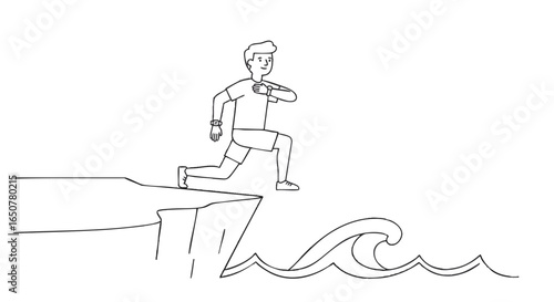 Man about to jump from cliff into ocean, checking his watch