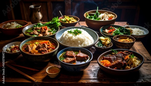 Diverse Asian dishes on a wooden table