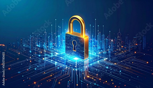 Golden padlock rests on a digital circuit board.