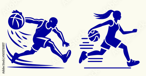 Simple black and white icon of male basketball player and female basketball player in motion, two separate silhouette illustrations isolated on transparent background
