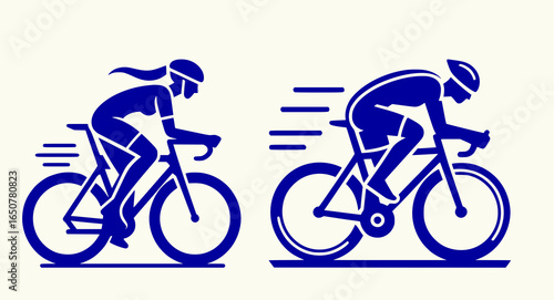 Simple black and white icon of male cyclist and female cyclist in motion, two separate silhouette illustrations isolated on transparent background

