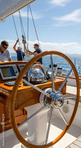 Wallpaper Mural Close-up of a polished yacht helm with chrome details, crew working, deep blue ocean. Torontodigital.ca