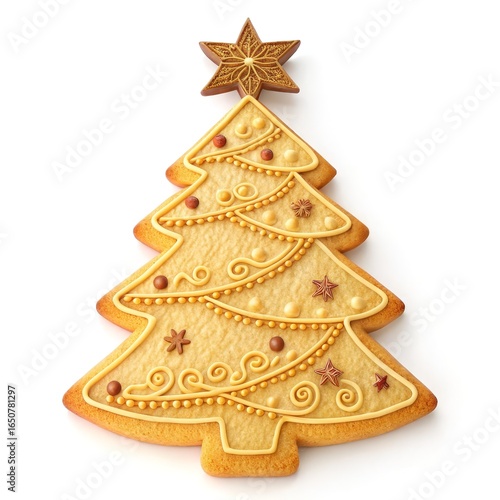 Realistic 3D butter cookie in Christmas tree shape with embossed festive ornaments and star detail, golden baked crispy texture, isolated on white