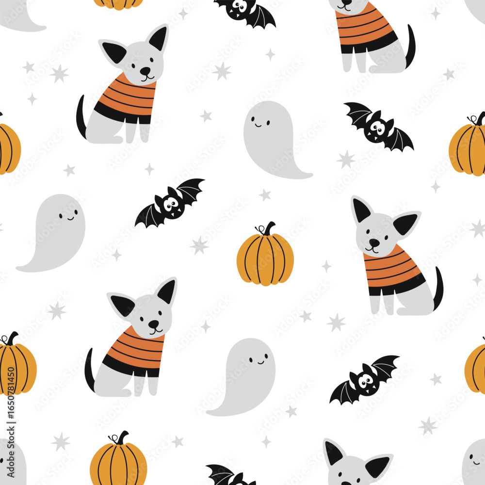 Fototapeta premium Happy Halloween vector seamless pattern. Cute dog, pumpkin, bat, ghost on a white background. Halloween dog illustration in flat style.