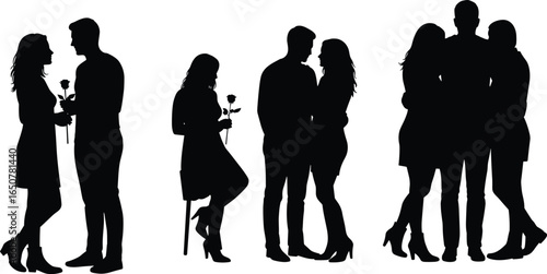 Silhouette of romantic couples and friends, holding rose, love, dating, togetherness, relationship, affection, standing, casual, happiness, emotional connection