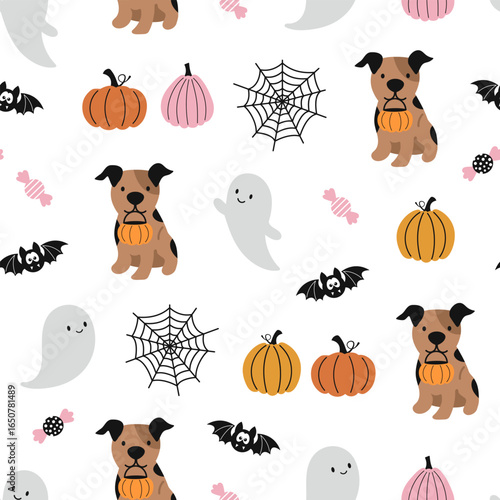 Happy Halloween vector seamless pattern. Cute dog, pumpkin, bat, candies, ghost on a white background. Halloween dog illustration in flat style.