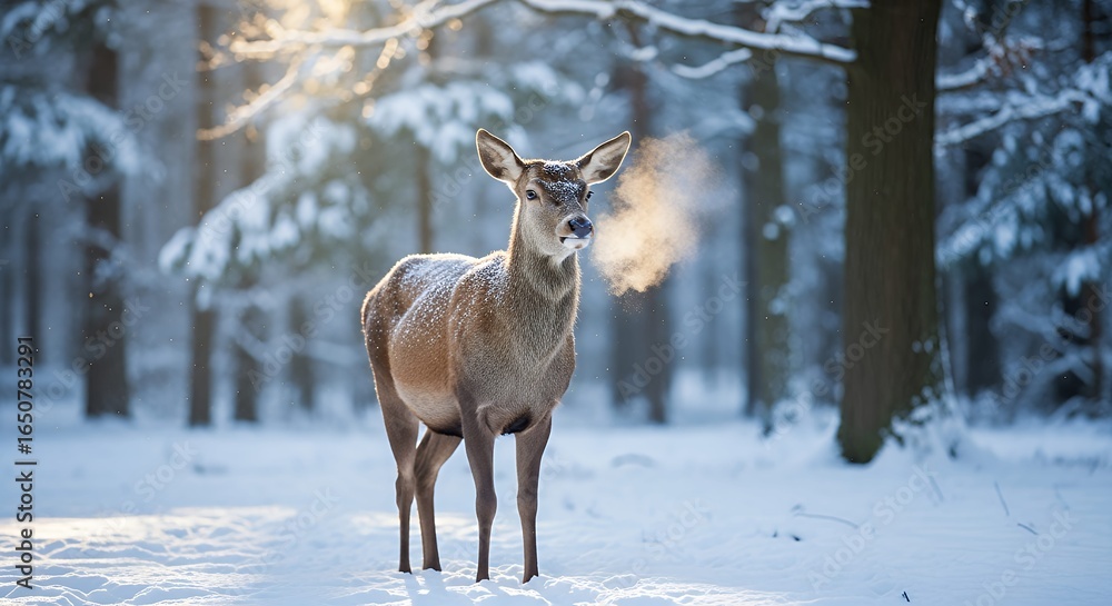 Fototapeta premium Wild deer standing in snow-covered winter forest, exhaling visible breath on a cold morning with sunlight