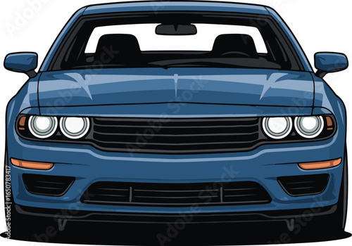 Front view of a striking blue sports car with illuminated headlights