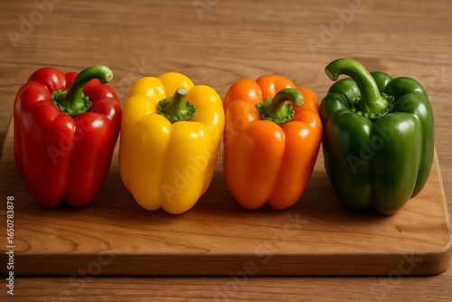 Four colorful bell peppers on a wooden cutting board