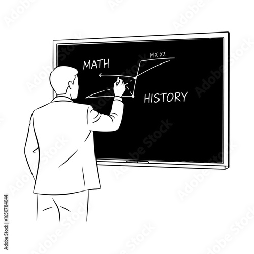 Teacher showing the connection between math and history on the board: perfect for explaining the interrelationships between education, teaching, science, and the humanities.