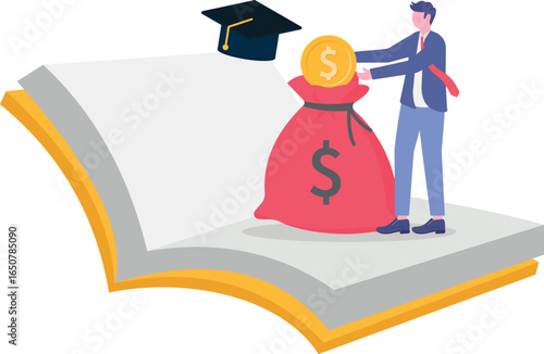 Student loan interest rates concept with character. Student stand near pile of books,
