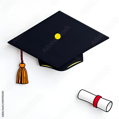 fondo colorido con espacio de copia con un birrete y un pergamino enrollado o diploma concepto de graduacion fin de cursos o termino de clases escolares