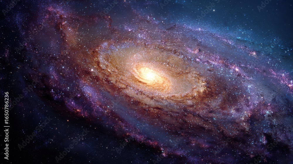 Fototapeta premium A breathtaking view of a spiral galaxy glowing in deep space, filled with stars, cosmic dust, and radiant colors blending in purples, blues, and gold.