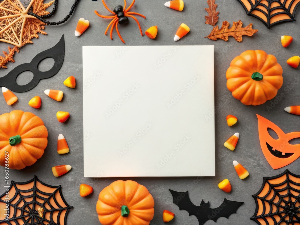 Fototapeta premium Halloween party card mockup. Halloween-themed flat lay with pumpkins, candy corn, spiders, and masks surrounding a blank square for customization.
