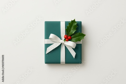 Teal gift box with white ribbon and holly on clean background—minimal holiday flat lay for cards, ads, and seasonal designs.