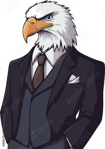 Cartoon illustration of a bald eagle in a suit
