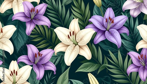 Lilies  Tropical Leaves Pattern.