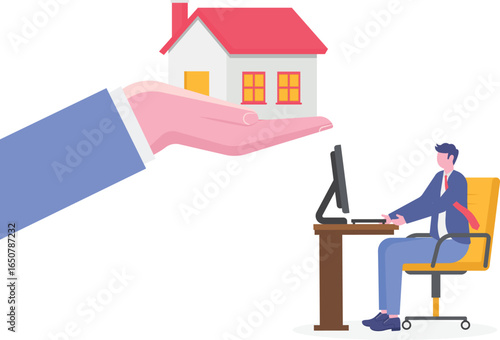 Flat illustration of father hand give house model to child symbolizing inheritance

