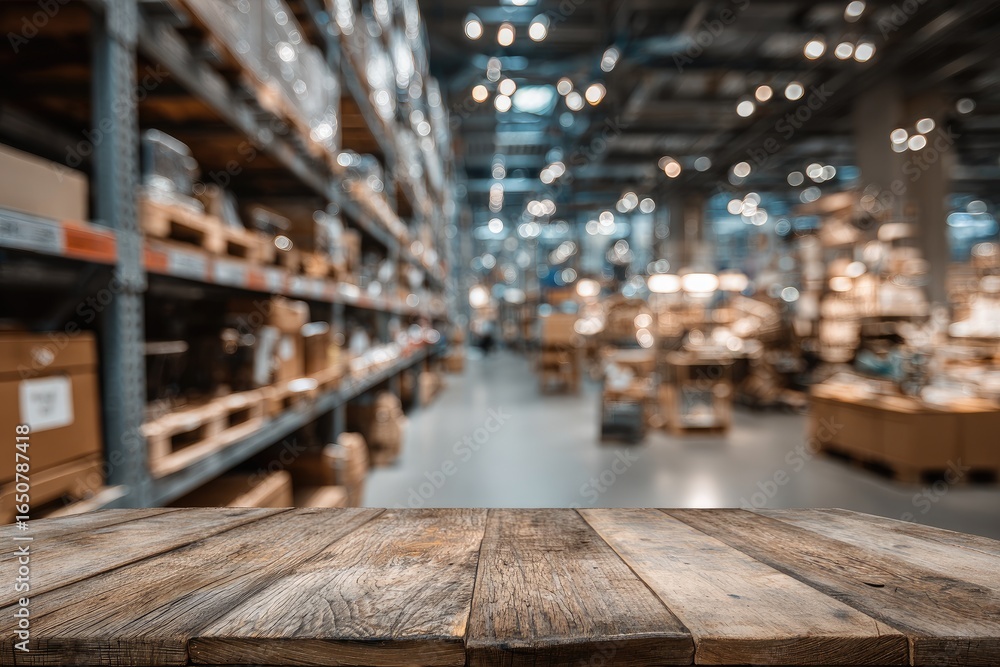 Wooden tabletop in a large warehouse. Blurred interior of a vast distribution center, showcasing shelves, boxes, and goods Wooden tabletop in a large warehouse. Blurred interior of a vast distribution center, showcasing shelves, boxes, and goods