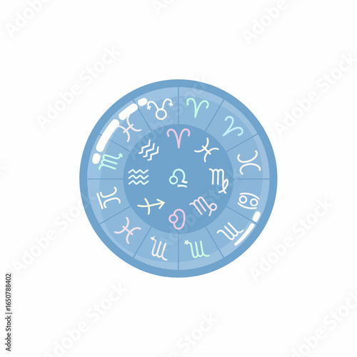 Glossy blue circular zodiac wheel with pastel-colored astrological signs and symbols.