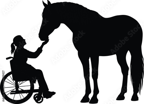 Disabled woman in wheelchair silhouette with horse, equine therapy, animal care, disability support, rehabilitation, love, friendship, health, empowerment, hope
