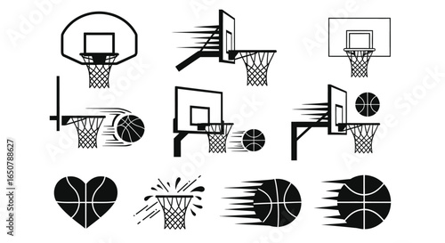 Vector art of collection of basketball hoops and balls with motion lines isolated on white background