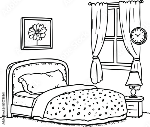 Vector illustration of cozy bedroom interior with bed, nightstand, lamp, window, wall clock, and framed flower artwork