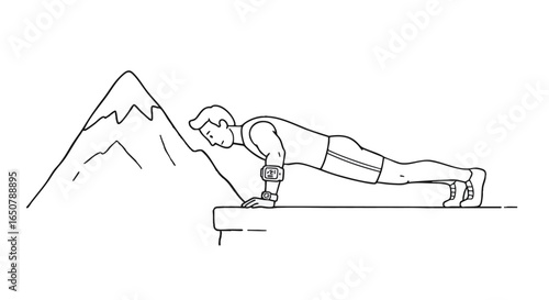 Minimalist line art of a person performing a push-up exercise, symbolizing dedication to a fitness journey, daily strength building, and an active lifestyle amidst a mountain landscape
