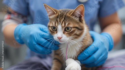 Veterinary surgeon checking bandage on cat stressed after spaying, castration