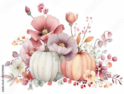 Watercolor Autumn Pumpkins and Flowers Arrangement