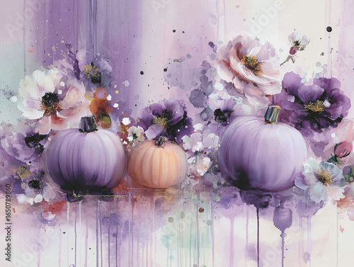 Watercolor Autumn Pumpkins and Flowers Arrangement
