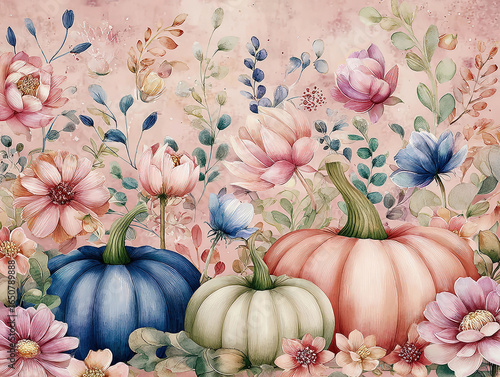 Watercolor Autumn Pumpkins and Flowers Arrangement