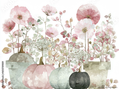 Watercolor Autumn Pumpkins and Flowers Arrangement