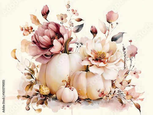 Watercolor Autumn Pumpkins and Flowers Arrangement