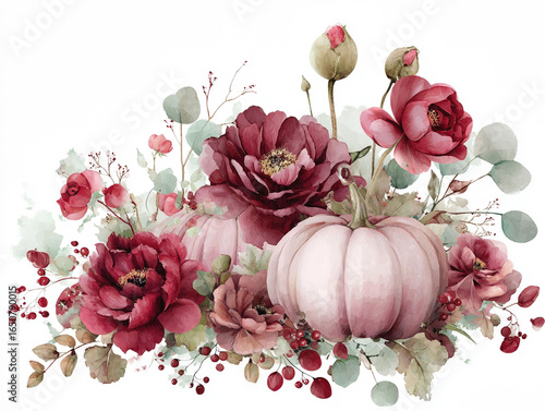 Watercolor Autumn Pumpkins and Flowers Arrangement