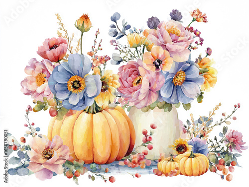 Watercolor Autumn Pumpkins and Flowers Arrangement