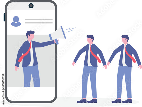 Social media news and tips, social media star, internet criticism concept with tiny people.

