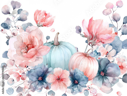 Watercolor Autumn Pumpkins and Flowers Arrangement