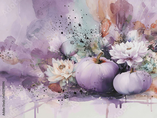 Watercolor Autumn Pumpkins and Flowers Arrangement