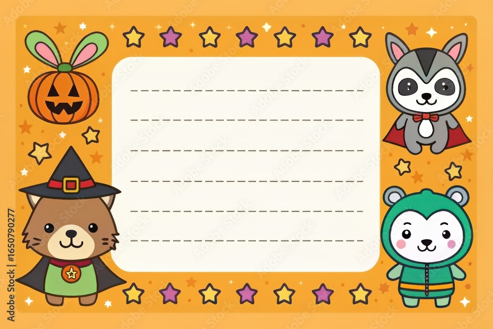 Fototapeta premium A whimsical Halloween card featuring a cartoon border filled with costumed characters, perfect for festive greetings and seasonal celebrations.