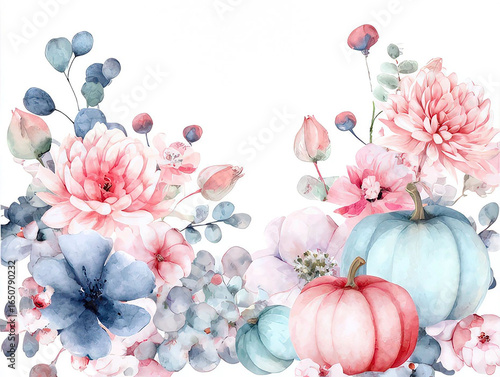 Watercolor Autumn Pumpkins and Flowers Arrangement