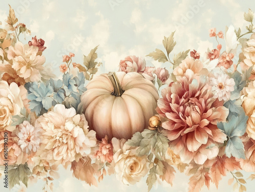 Watercolor Autumn Pumpkins and Flowers Arrangement