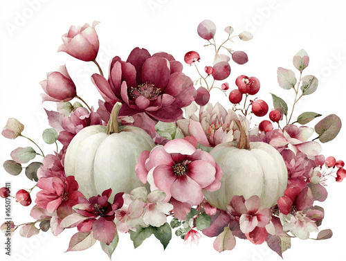 Watercolor Autumn Pumpkins and Flowers Arrangement