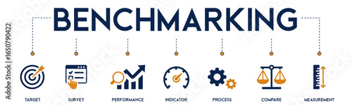 Bench Marking website icons vector concept illustrated with an icons of target, survey, performance, indicator, process, compare, measurement